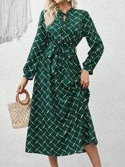 Lace-Up Pleated Split-Joint Tied Waist Loose Puff Sleeves Stand Collar Midi Dresses