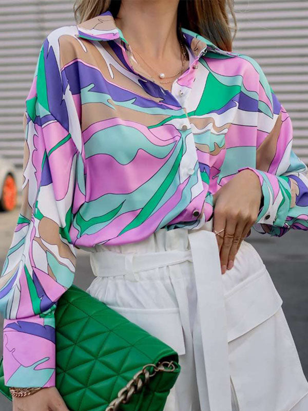Contrast Color Printed Long Sleeves Loose Lapel Blouses