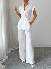 Lapel Short Sleeves Buttoned Solid Color Tied T-shirt Top + Pockets Pants Bottom Two Pieces Set
