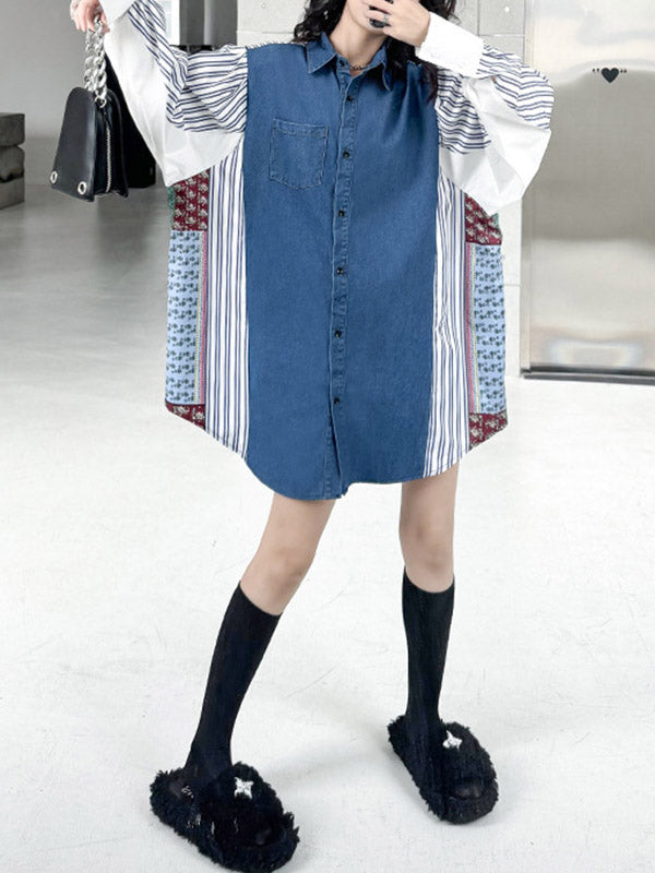 Buttoned Contrast Color Pockets Split-Joint Striped Long Sleeves Loose Lapel Blouses&Shirts Tops
