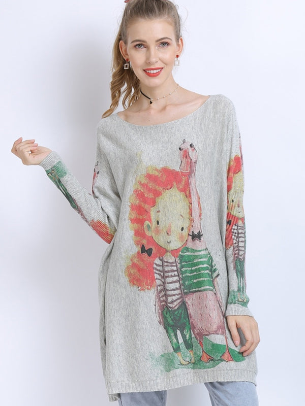 Urban Loose Batwing Sleeves Cartoon Printed Pullover