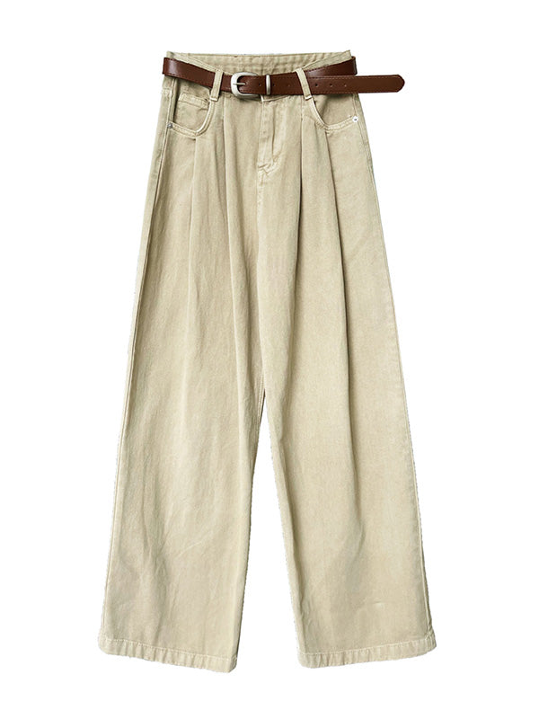 Belted Pleated Pockets High Waisted Wide Leg Jean Pants Bottoms