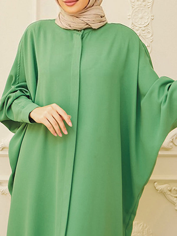 Buttoned Muslim Solid Color Split-Side Batwing Sleeves Loose Round-Neck Muslim Abaya Maxi Dresses