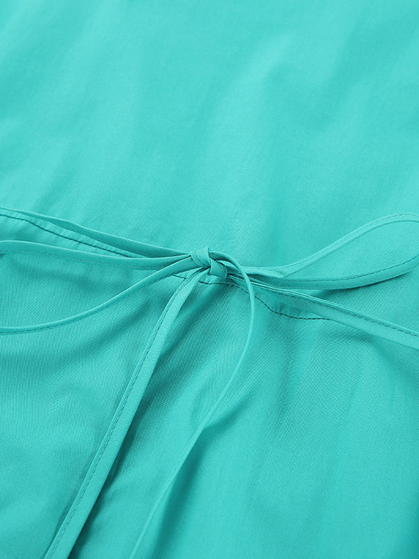 Drawstring Pleated Solid Color Split-Joint Tied Waist Loose Short Sleeves V-Neck Shirt Dress Midi Dresses