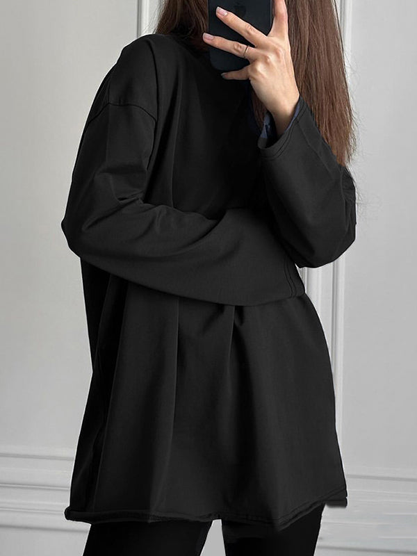 Solid Color Long Sleeves Loose Round-Neck T-Shirts Tops