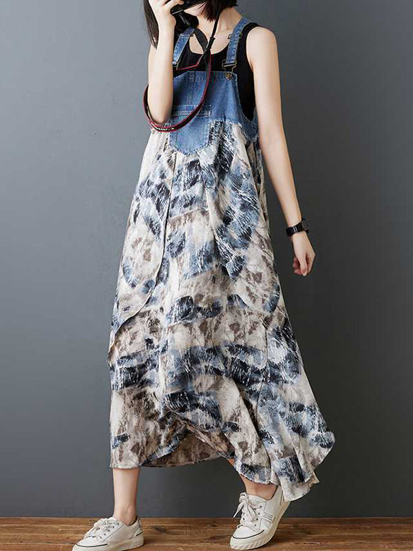 Flower Print Pockets Split-Joint Loose Plus Size Spaghetti-Neck Suspender Dress Maxi Dresses