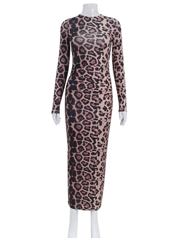 Leopard Printed Bodycon Long Sleeves Round-Neck Maxi Dresses