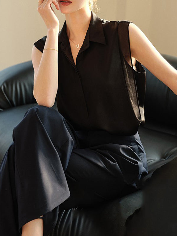 Buttoned Solid Color Split-Joint Loose Sleeveless Lapel Blouses&Shirts Tops