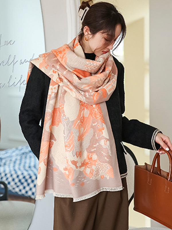 Vintage Printed Tasseled Shawl&Scarf