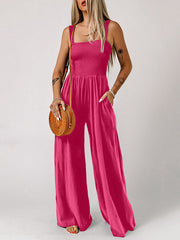 Pleated Solid Color Sleeveless Wide Leg Square-Neck Jumpsuits