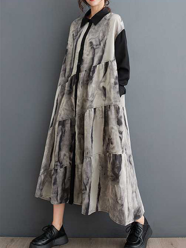 Buttoned Printed Split-Joint Wash Painting A-line Long Sleeves Lapel Shirt Dress Midi Dresses