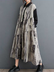 Buttoned Printed Split-Joint Wash Painting A-line Long Sleeves Lapel Shirt Dress Midi Dresses
