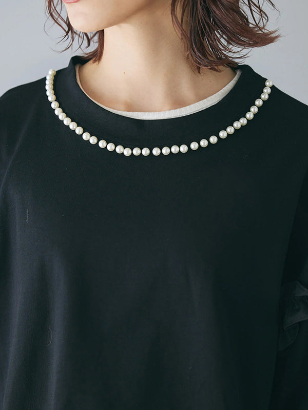 Beaded Ruffled Solid Color Half Sleeves Round-Neck T-Shirts Tops&Pants Two Pieces Set