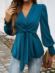 Elasticity Knot Solid Color Long Sleeves Loose V-Neck Blouses&Shirts Tops
