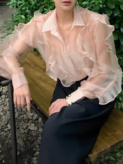 Buttoned Ruffle Trim See-Through Split-Joint Long Sleeves Loose Lapel Blouses&Shirts Tops