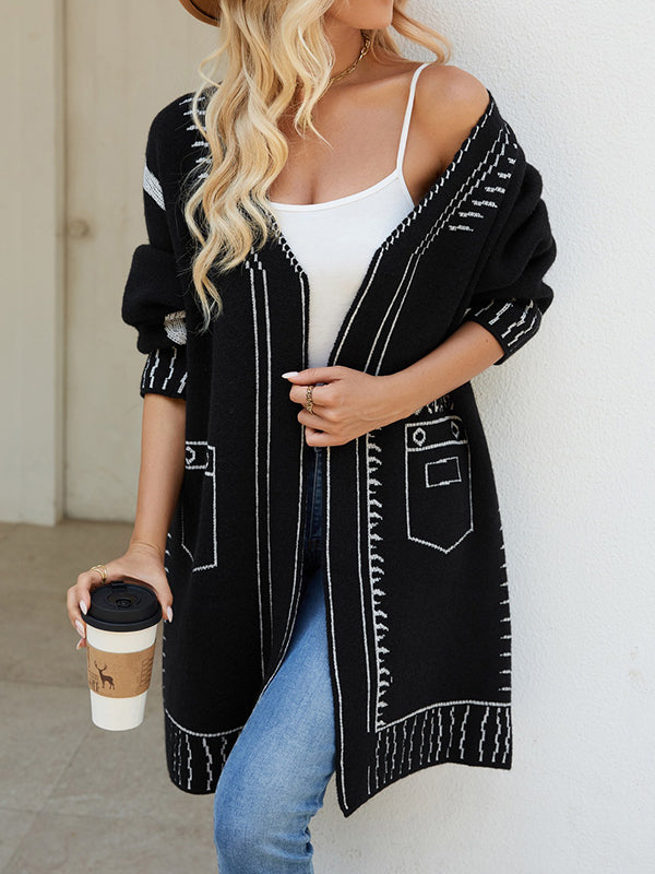 Jacquard Split-Joint Long Sleeves Loose V-Neck Cardigan Tops