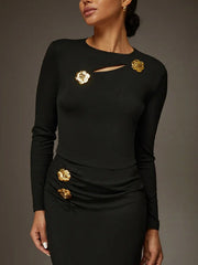 Applique Hollow Solid Color Long Sleeves Skinny Round-neck T-Shirts Tops