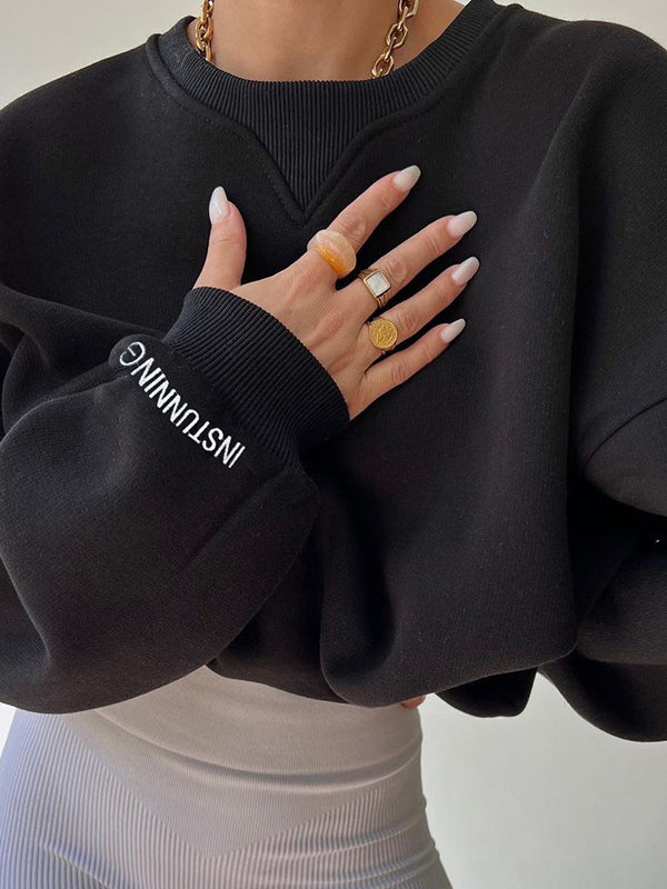 Letter Print Split-Joint Long Sleeves Loose Round-Neck Sweatershirt