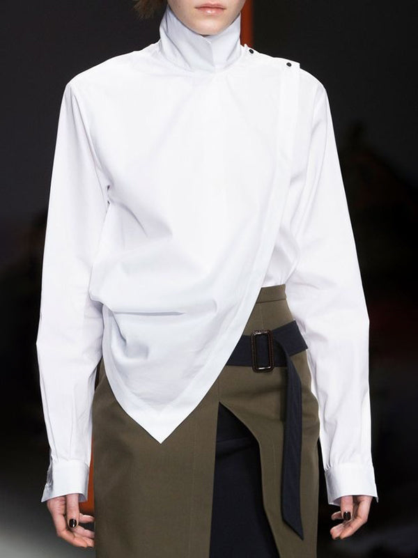Asymmetric Split-Joint Long Sleeves Loose High Neck Blouses