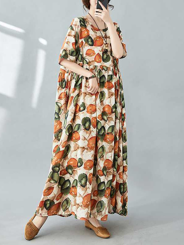 Pleated Printed Split-Joint Half Sleeves Loose Round-Neck Midi Dresses