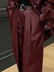 No Belt Pleated Pockets Solid Color High Waisted Wide Leg Trousers Pants