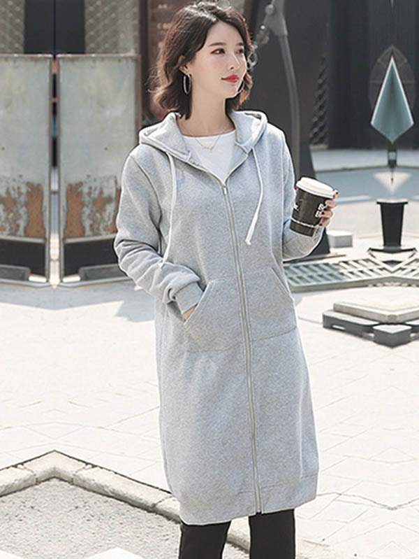 4Colors Drawstring Hooded Split-Joint Pocket Solid Color Zipper Outerwear