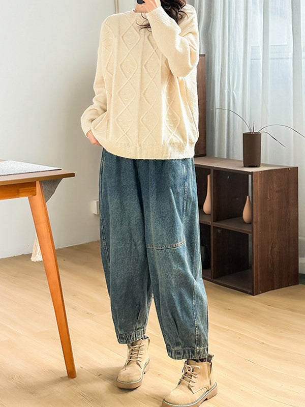 Simple Loose Long Sleeves Jacquard Solid Color Round-Neck Sweater Tops