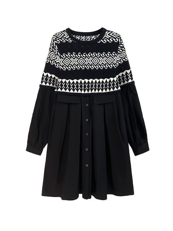 Buttoned Contrast Color Split-Joint A-Line Long Sleeves Round-Neck Mini Dresses