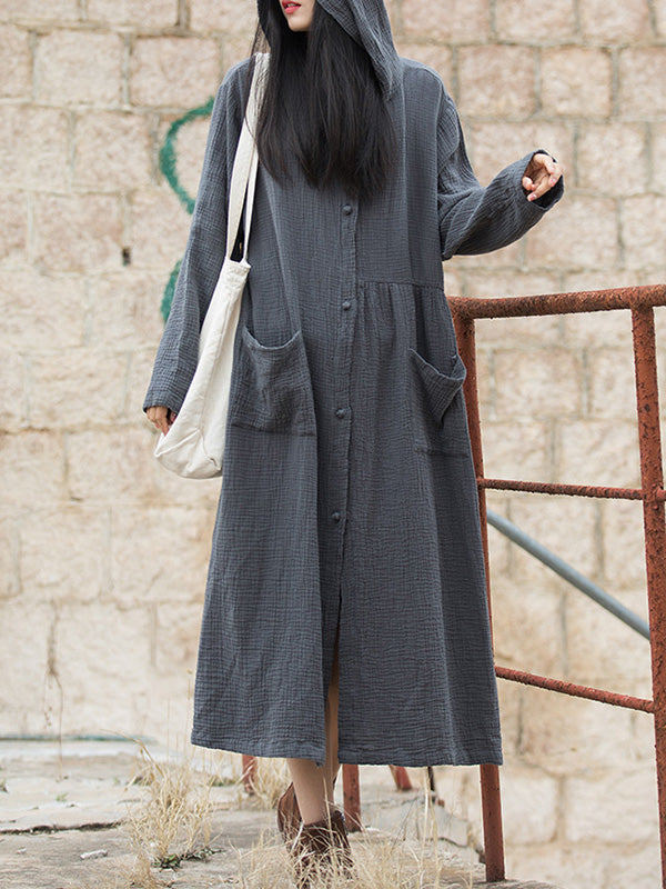 Solid Color Split-Joint Long Sleeves Loose Hooded Outerwear