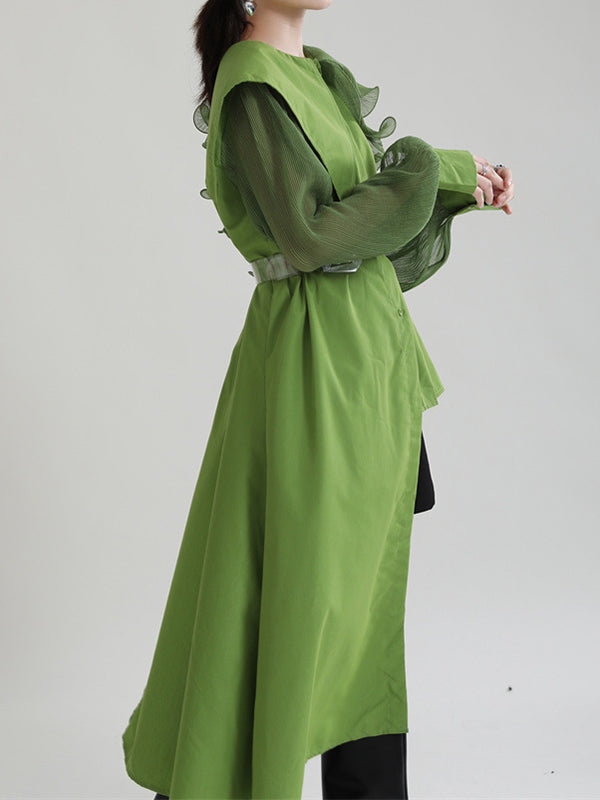 Asymmetric Pleated Solid Color Split-Joint Falbala Long Sleeves Loose Lapel Blouses&shirts Tops