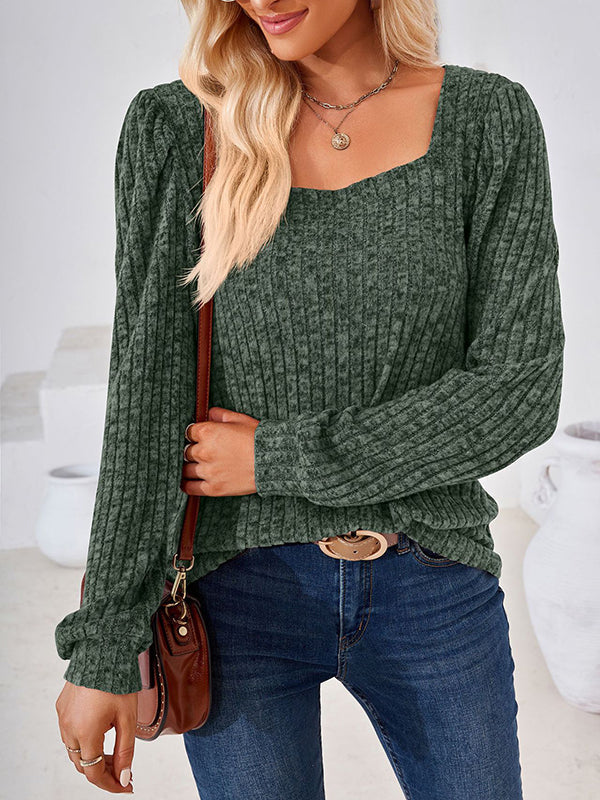 Solid Color Long Sleeves Loose Square-Neck T-Shirts Tops