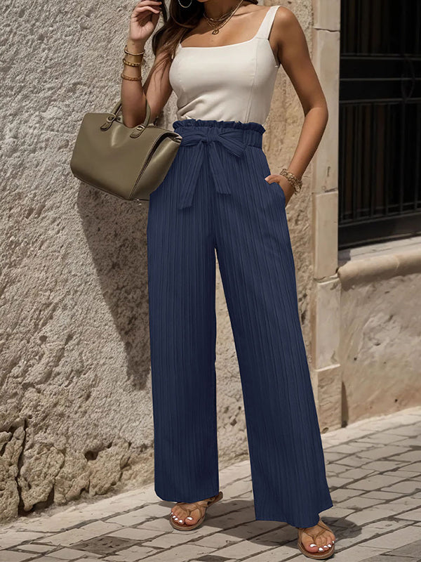 Elasticity Pleated Solid Color Tied Waist High Waisted Loose Trousers Pants
