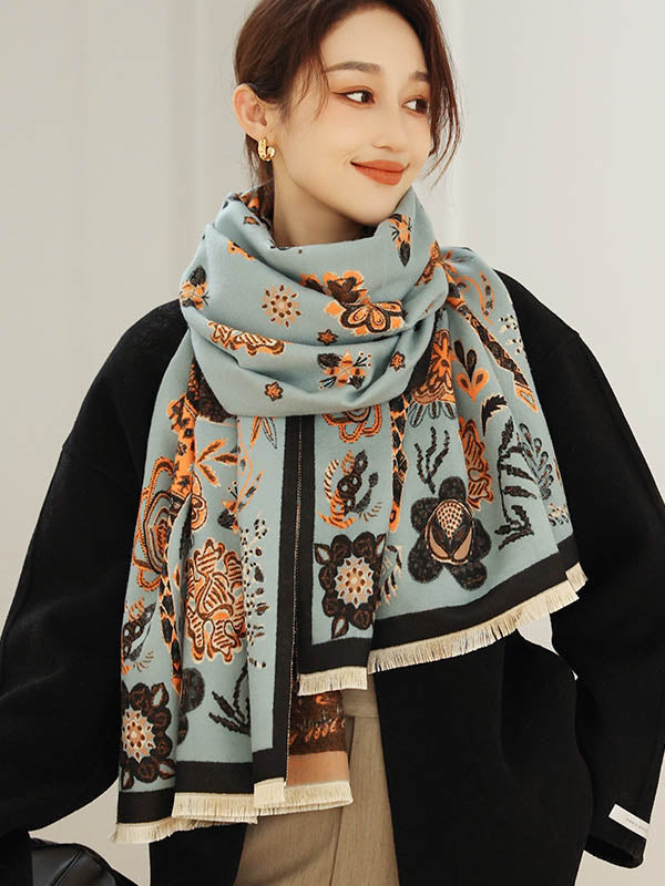 Vintage Knitting Tasseled Jacquard Imitated Cashmere Scarf Shawl