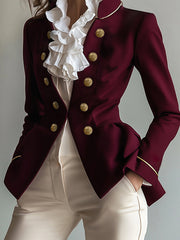 Buttoned Solid Color Split-Joint Long Sleeves Skinny Stand Collar Outerwear Blazer
