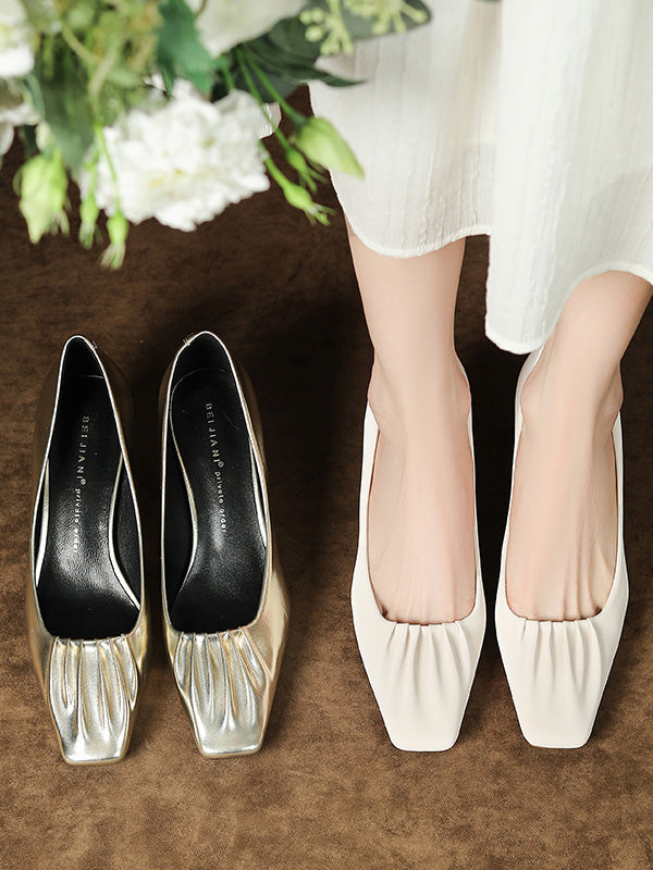 Pleated Shallow Cut Square-Toe Pumps