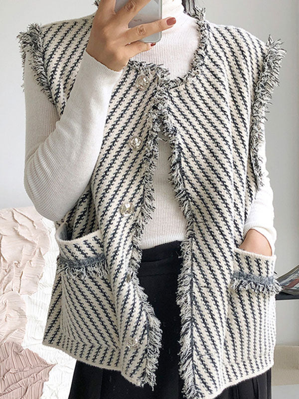 Buttoned Fringed Pockets Striped Loose Sleeveless V-Neck Vest Outerwear