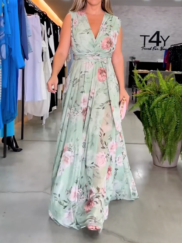 Bandage Floral Printed V-Back V-Neck Maxi Dresses
