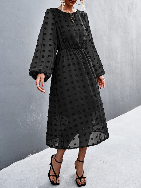 Elasticity Hollow Jacquard Solid Color High Waisted Long Sleeves Round-Neck Midi Dresses