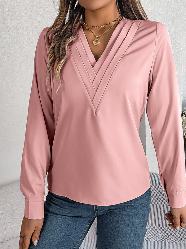 Pleated Solid Color Split-Joint Long Sleeves Loose V-Neck T-Shirts Tops