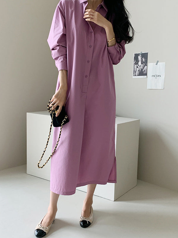 Casual 3 Colors Loose Split-Side Solid Color Midi Dress Shirt Dress