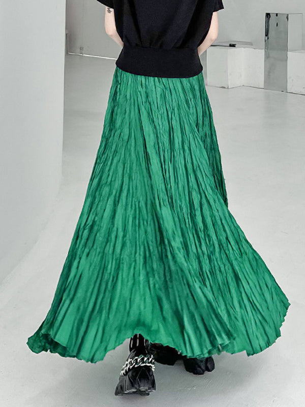 High-Waisted Pleated Solid Color A-Line Irregular Clipping Skirts