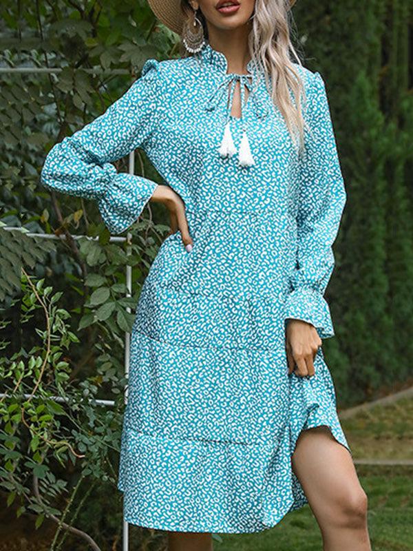 Elasticity Leopard Ruffled Split-Joint Tasseled Tied A-Line High Waisted Mock Neck Midi Dresses