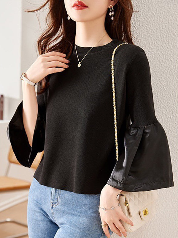 Pleated Split-Joint Flared Sleeves Long Sleeves Round-neck T-Shirts Tops