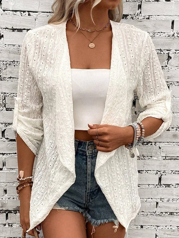 Buttoned Hollow Jacquard Solid Color Long Sleeves Loose Collarless Outerwear