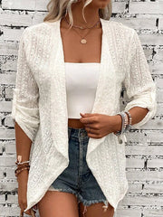 Buttoned Hollow Jacquard Solid Color Long Sleeves Loose Collarless Outerwear