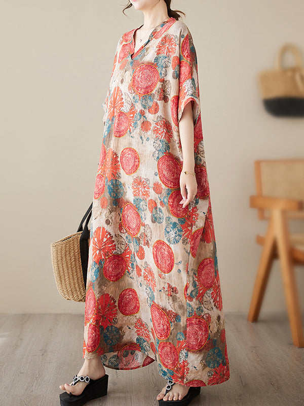 Printed Loose Short Sleeves V-Neck Maxi Dresses