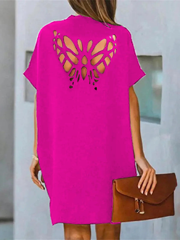 Loose Short Sleeves Butterfly Hollow Solid Color V-Neck Mini Dresses