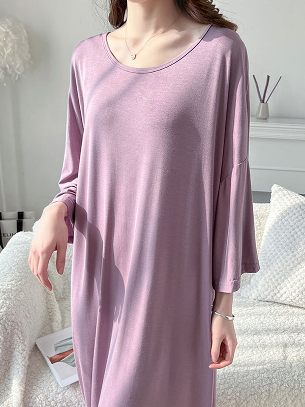 Solid Color Split-Joint High Waisted Loose Round-Neck Pajama Dress