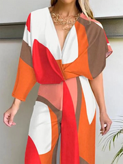 Loose Contrast Color Printed V-Neck Jumpsuits