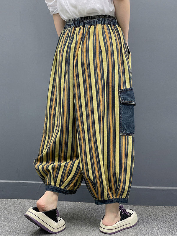 Contrast Color Drawstring Pleated Pockets Striped Loose Ninth Pants Knickerbockers Jean Pants Bottoms